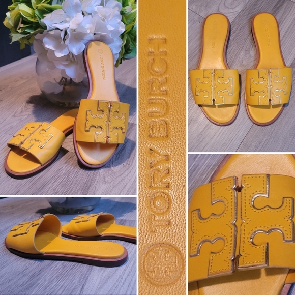 Tory Burch Ines Slide Sandal Mustard Yellow/ Daylily & Spark Gold Women's 5